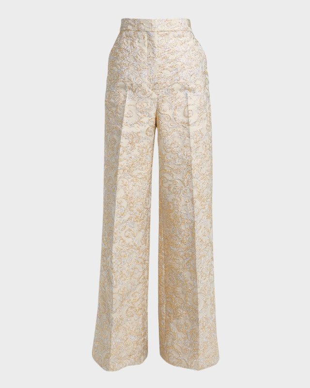 High-Rise Metallic Brocade Wide-Leg Pants